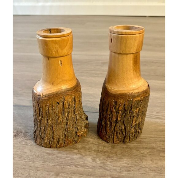 Vintage Wooden Candle Holders Signed Hand Carved Rustic Walnut - Picture 5 of 10